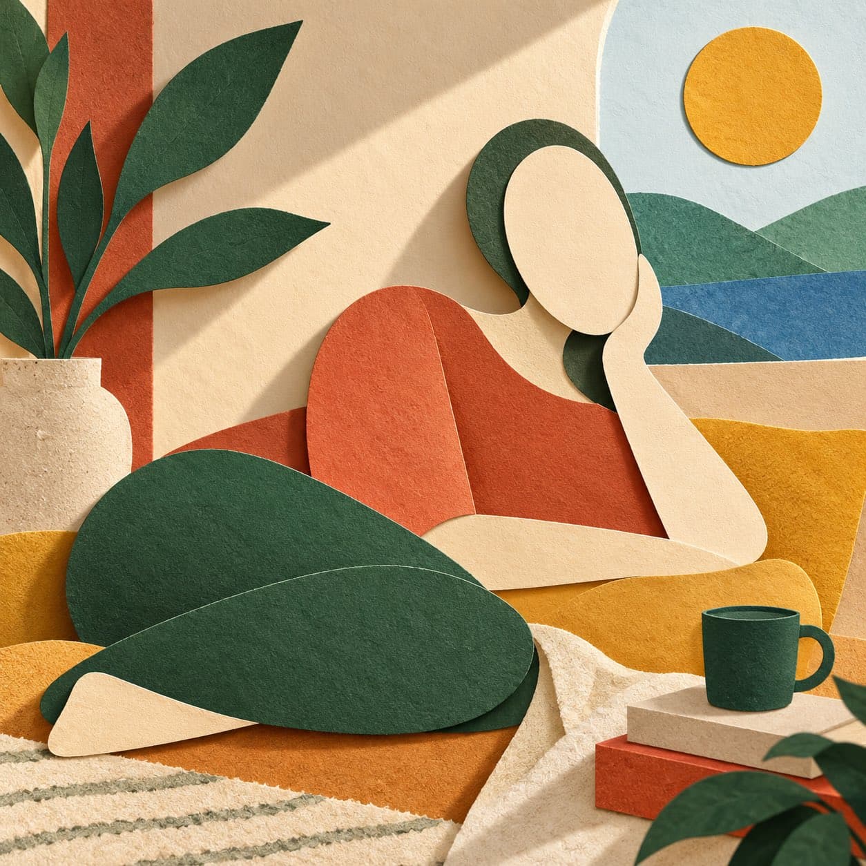 Paper cut collage figure in a calm interior scene