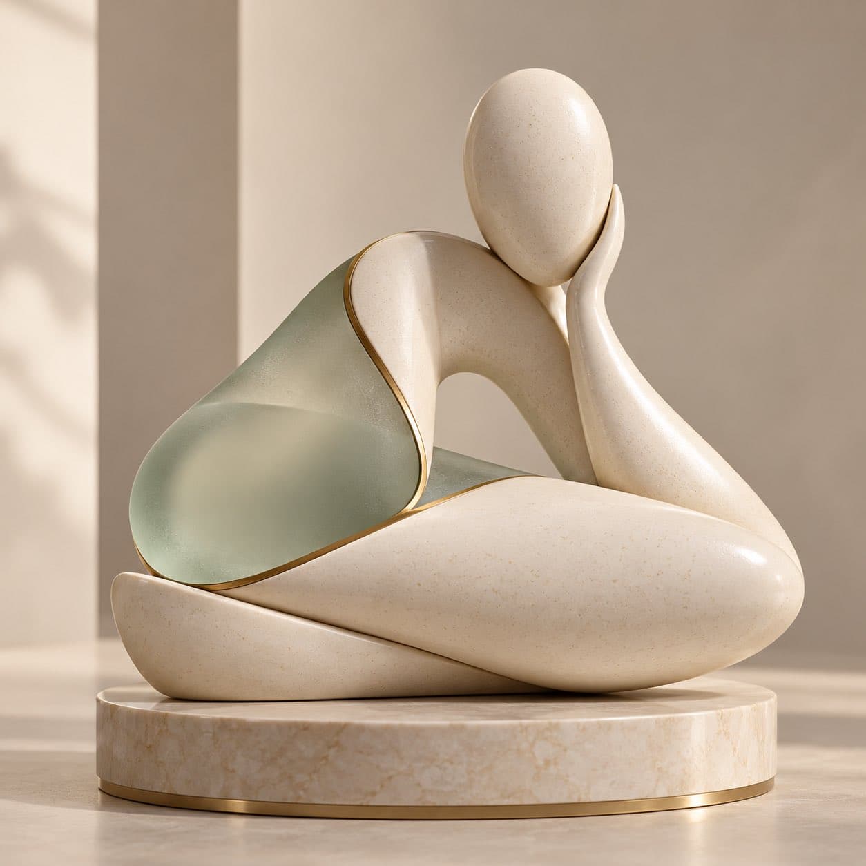 Polished abstract figure sculpture in warm studio light