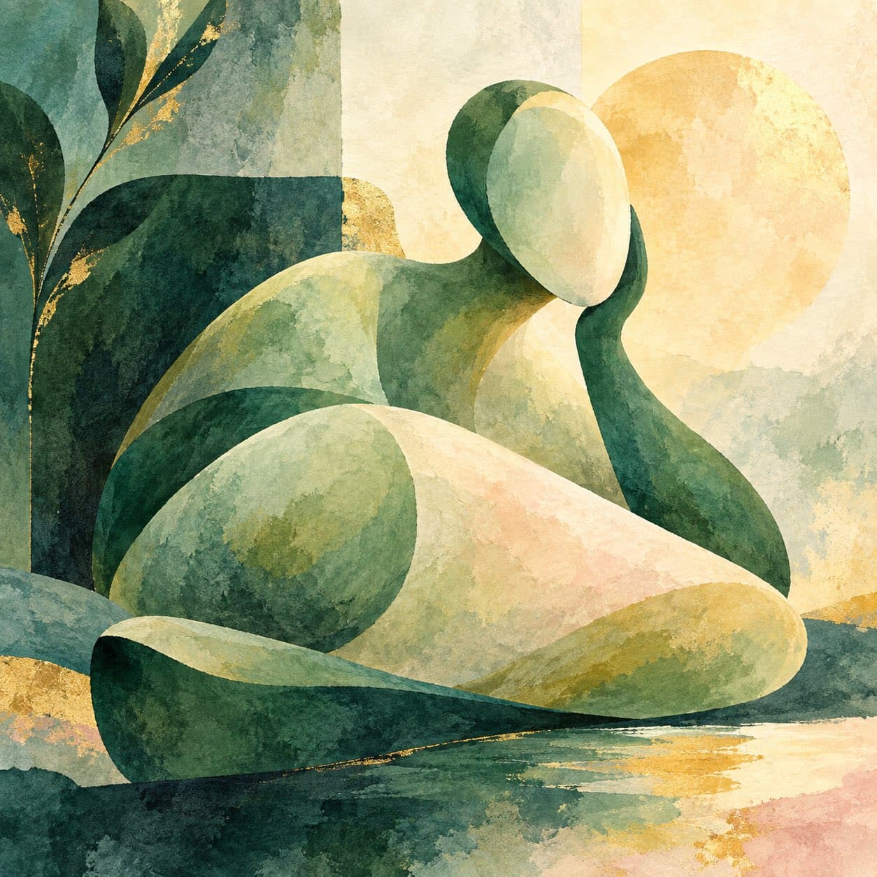 Watercolor abstract figure with green botanical shapes